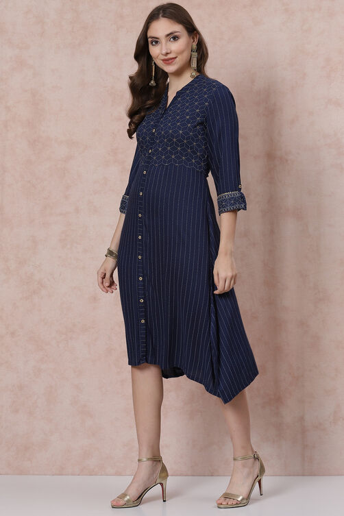 Navy Blue Viscose And Rayon Asymmetric Dress image number 2